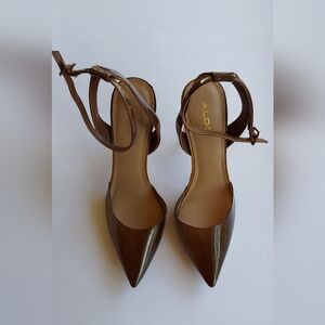 Aldo Patent Brown Pointed Ankle-Strap Heels